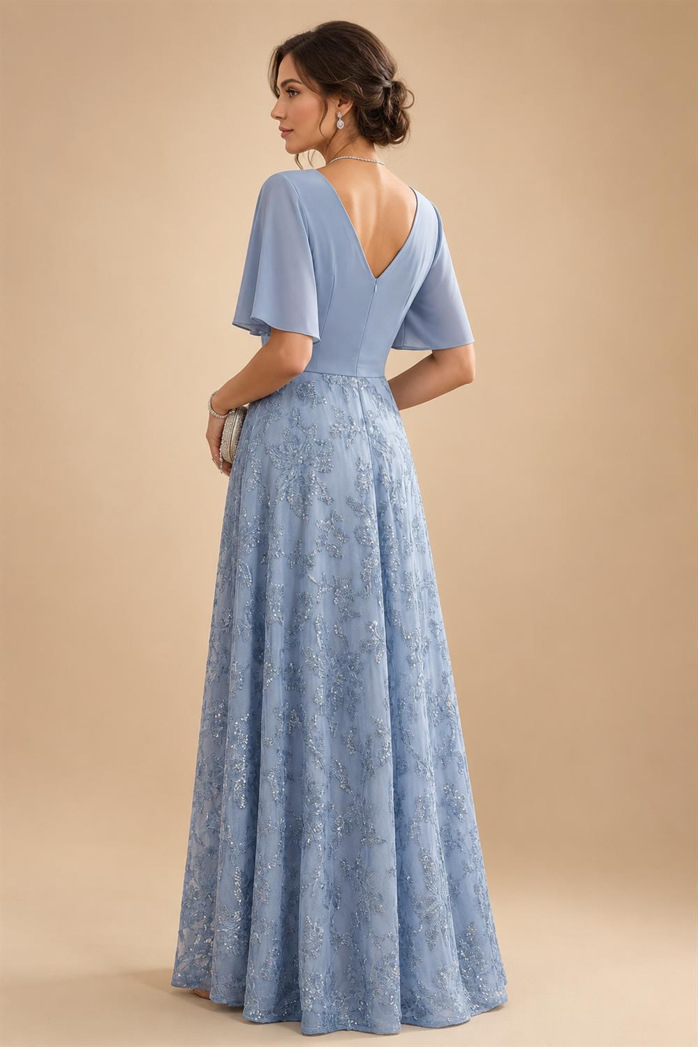 A-Line Chiffon Pleated Long Mother of the Bride & Groom Dresses with 3/4 Flutter Sleeves & Sequin Waist (SHI22500702)