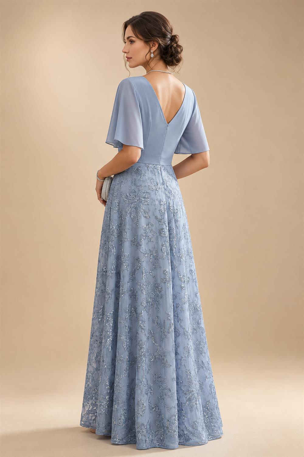 A-Line Chiffon Pleated Long Mother of the Bride & Groom Dresses with 3/4 Flutter Sleeves & Sequin Waist (SHI22500702)