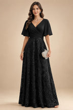 A Line V Neck Short Sleeve Chiffon Ruched Mother of the Bride Dresses with Sequin Embroidery (SHI22500231)