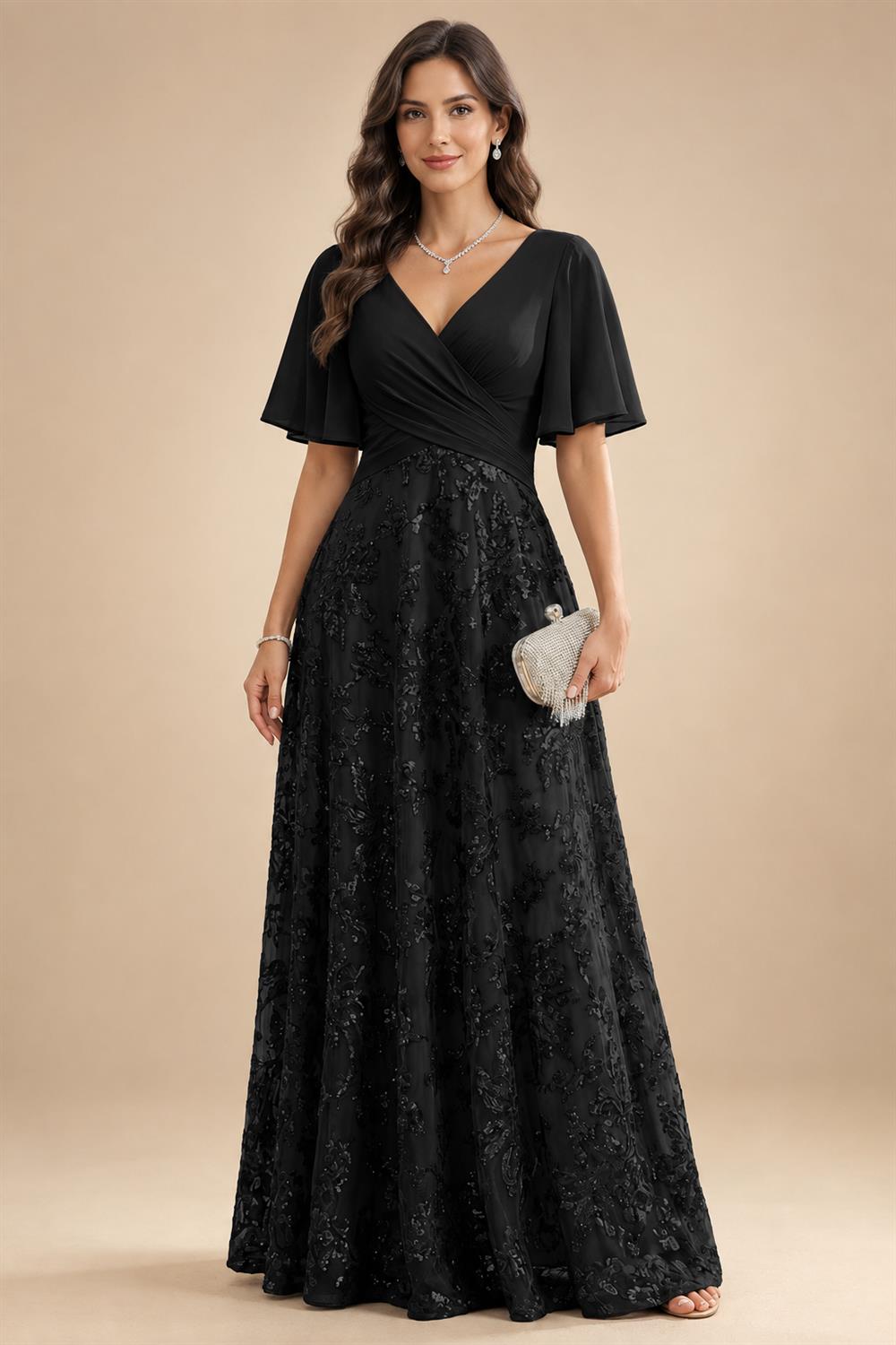 A Line V Neck Short Sleeve Chiffon Ruched Mother of the Bride Dresses with Sequin Embroidery (SHI22500231)