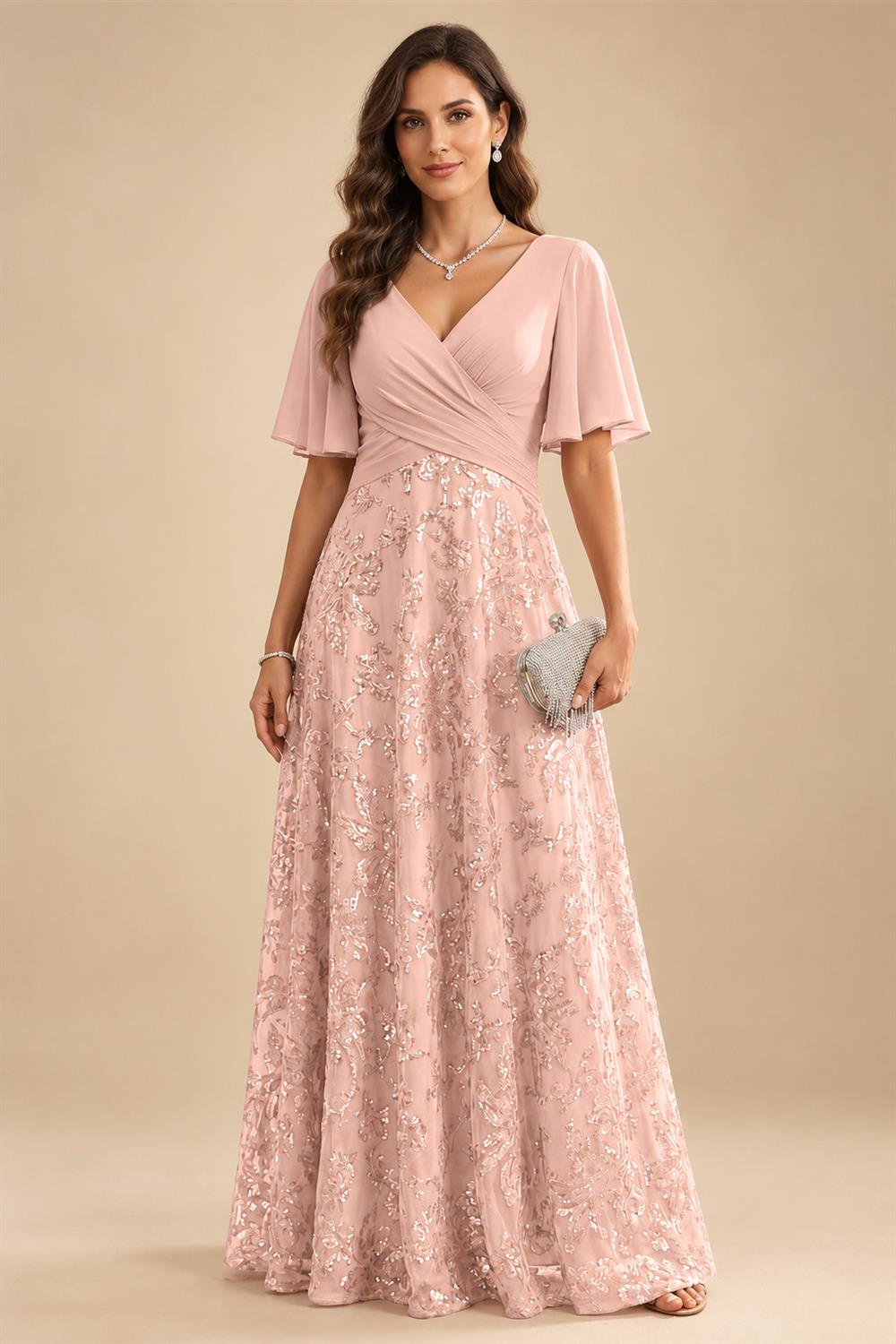A Line V Neck Short Sleeve Chiffon Ruched Mother of the Bride Dresses with Sequin Embroidery (SHI22500231)