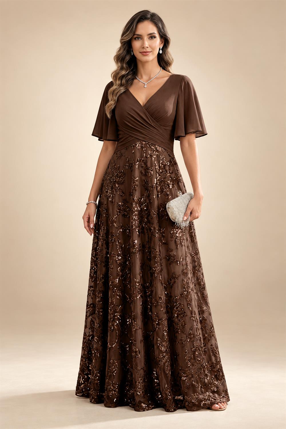 A Line V Neck Short Sleeve Chiffon Ruched Mother of the Bride Dresses with Sequin Embroidery (SHI22500231)