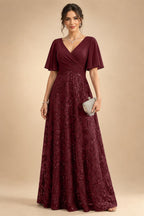 A Line V Neck Short Sleeve Chiffon Ruched Mother of the Bride Dresses with Sequin Embroidery (SHI22500231)