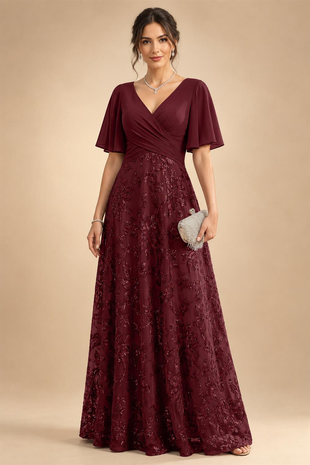 A Line V Neck Short Sleeve Chiffon Ruched Mother of the Bride Dresses with Sequin Embroidery (SHI22500231)