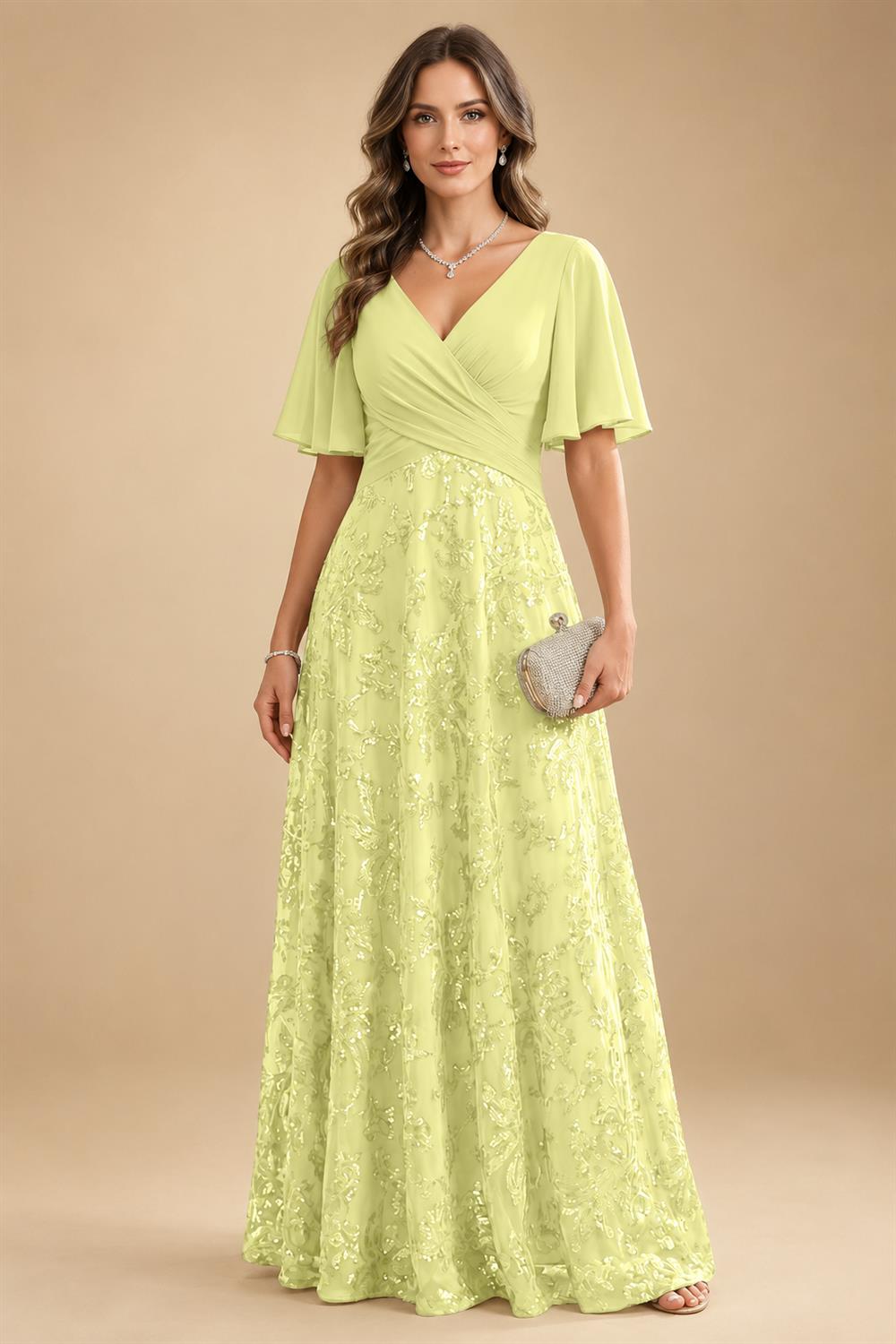 A Line V Neck Short Sleeve Chiffon Ruched Mother of the Bride Dresses with Sequin Embroidery (SHI22500231)
