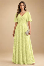 A Line V Neck Short Sleeve Chiffon Ruched Mother of the Bride Dresses with Sequin Embroidery (SHI22500231)