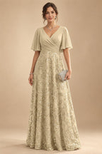 A Line V Neck Short Sleeve Chiffon Ruched Mother of the Bride Dresses with Sequin Embroidery (SHI22500231)