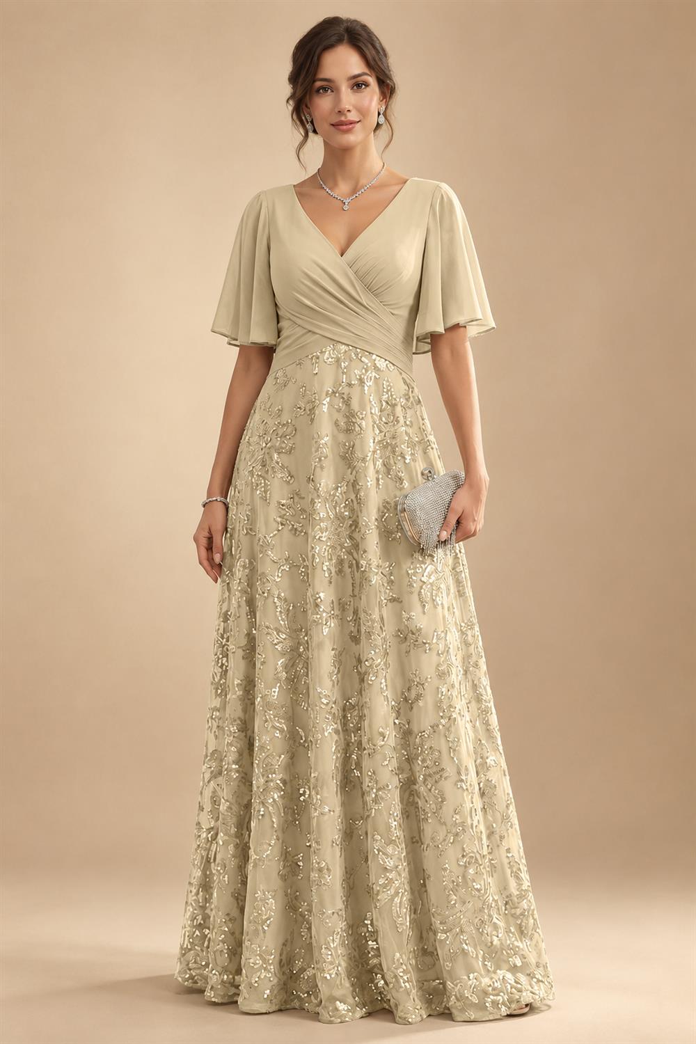 A Line V Neck Short Sleeve Chiffon Ruched Mother of the Bride Dresses with Sequin Embroidery (SHI22500231)