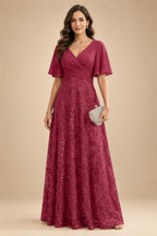A Line V Neck Short Sleeve Chiffon Ruched Mother of the Bride Dresses with Sequin Embroidery (SHI22500231)