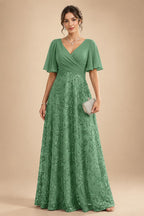 A Line V Neck Short Sleeve Chiffon Ruched Mother of the Bride Dresses with Sequin Embroidery (SHI22500231)