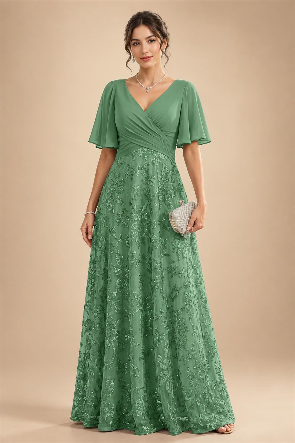 A Line V Neck Short Sleeve Chiffon Ruched Mother of the Bride Dresses with Sequin Embroidery (SHI22500231)