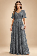 A Line V Neck Short Sleeve Chiffon Ruched Mother of the Bride Dresses with Sequin Embroidery (SHI22500231)