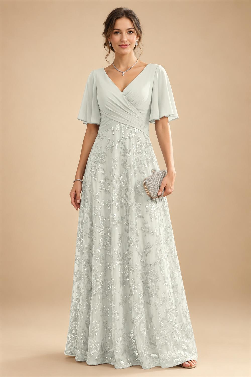 A Line V Neck Short Sleeve Chiffon Ruched Mother of the Bride Dresses with Sequin Embroidery (SHI22500231)