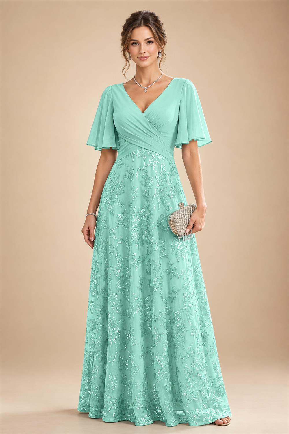 A Line V Neck Short Sleeve Chiffon Ruched Mother of the Bride Dresses with Sequin Embroidery (SHI22500231)