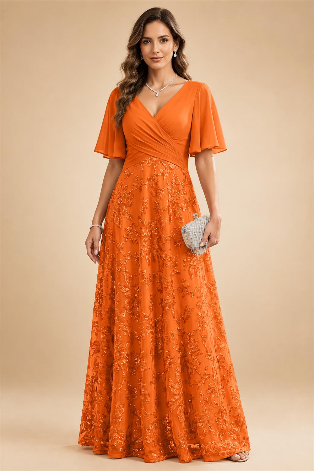 A Line V Neck Short Sleeve Chiffon Ruched Mother of the Bride Dresses with Sequin Embroidery (SHI22500231)