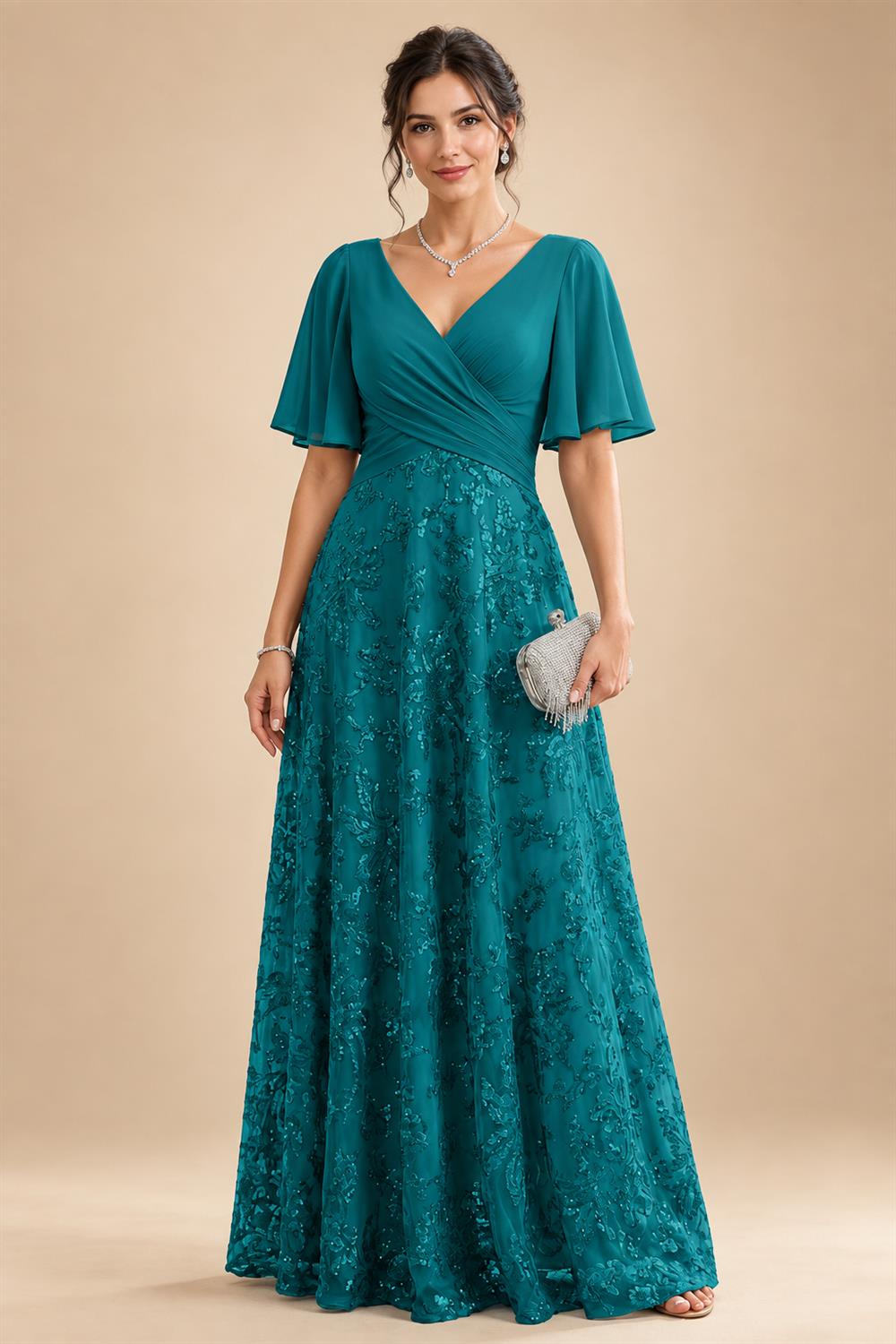 A Line V Neck Short Sleeve Chiffon Ruched Mother of the Bride Dresses with Sequin Embroidery (SHI22500231)