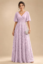 A Line V Neck Short Sleeve Chiffon Ruched Mother of the Bride Dresses with Sequin Embroidery (SHI22500231)