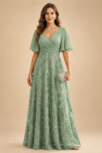 A Line V Neck Short Sleeve Chiffon Ruched Mother of the Bride Dresses with Sequin Embroidery (SHI22500231)