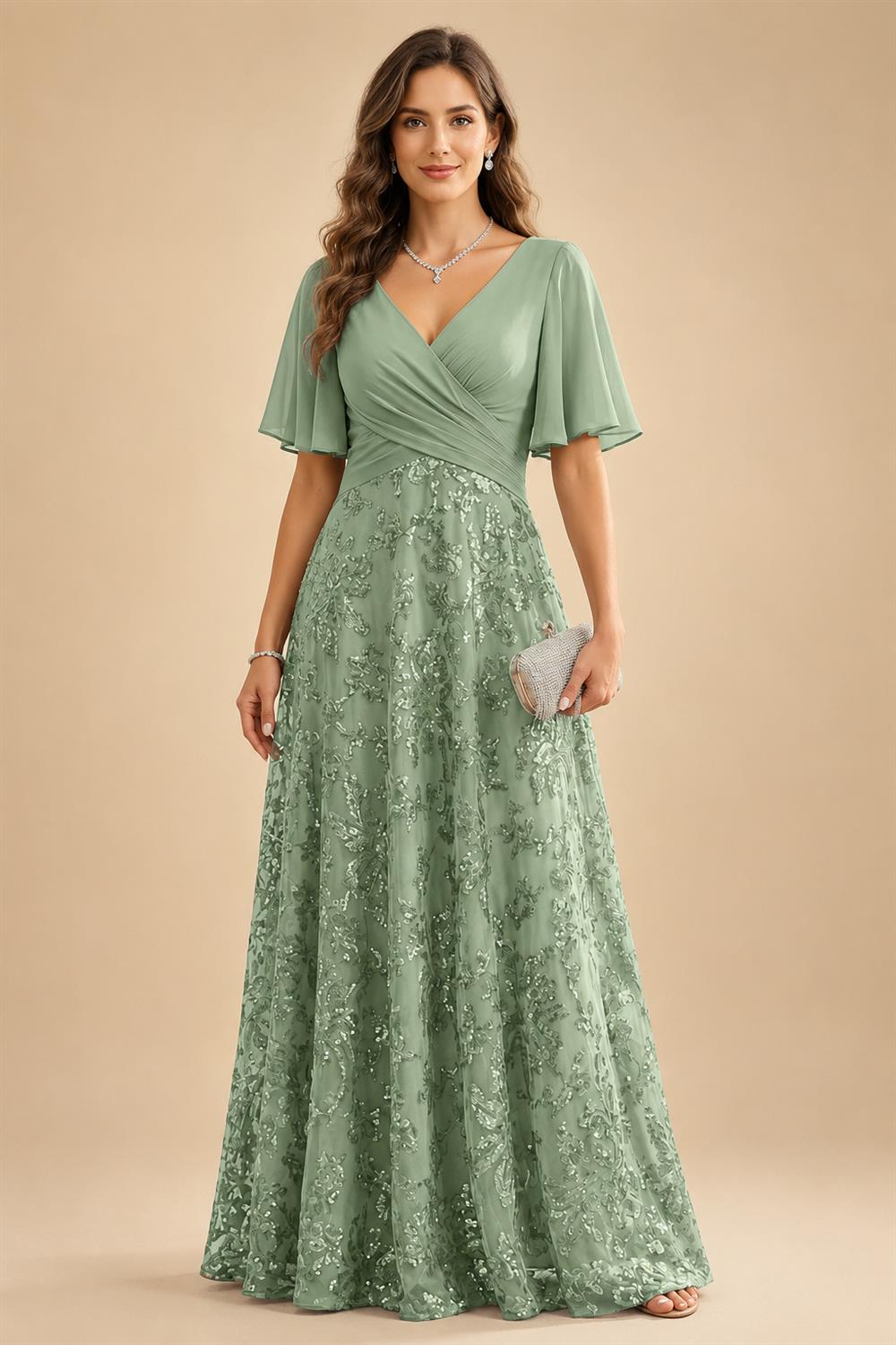A Line V Neck Short Sleeve Chiffon Ruched Mother of the Bride Dresses with Sequin Embroidery (SHI22500231)