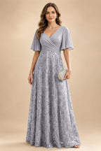 A Line V Neck Short Sleeve Chiffon Ruched Mother of the Bride Dresses with Sequin Embroidery (SHI22500231)