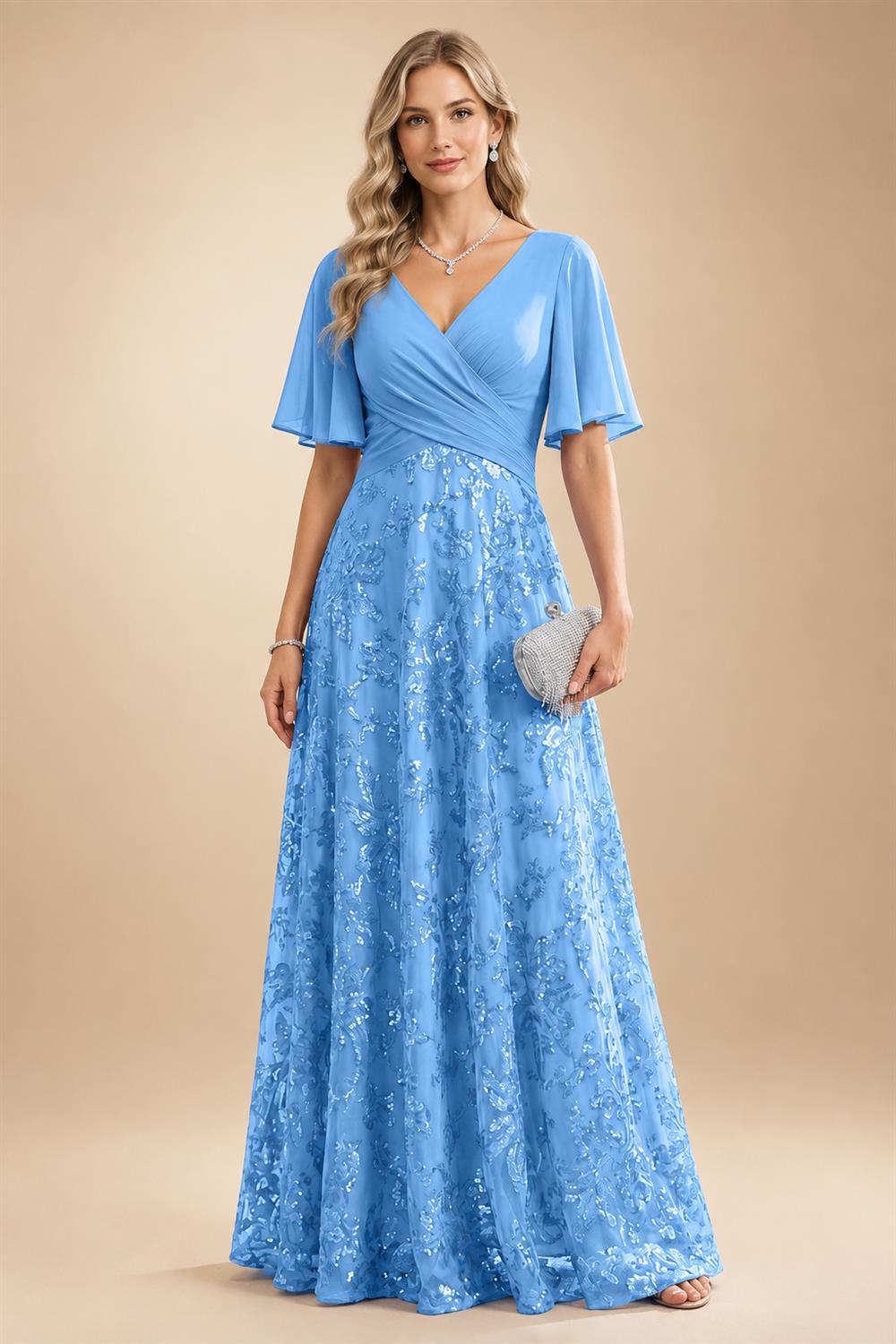 A Line V Neck Short Sleeve Chiffon Ruched Mother of the Bride Dresses with Sequin Embroidery (SHI22500231)