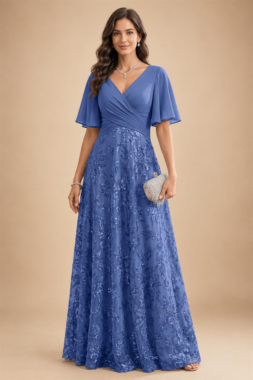 A Line V Neck Short Sleeve Chiffon Ruched Mother of the Bride Dresses with Sequin Embroidery (SHI22500231)