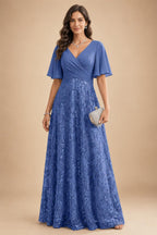 A Line V Neck Short Sleeve Chiffon Ruched Mother of the Bride Dresses with Sequin Embroidery (SHI22500231)