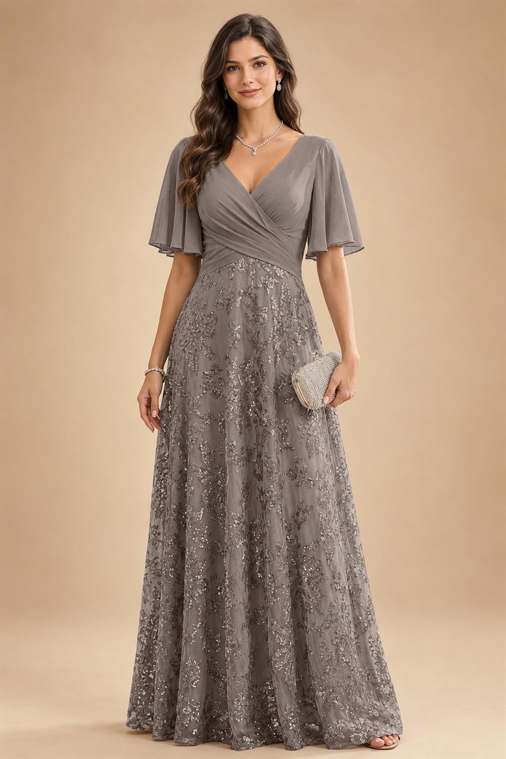 A Line V Neck Short Sleeve Chiffon Ruched Mother of the Bride Dresses with Sequin Embroidery (SHI22500231)