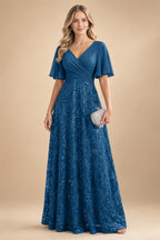 A Line V Neck Short Sleeve Chiffon Ruched Mother of the Bride Dresses with Sequin Embroidery (SHI22500231)