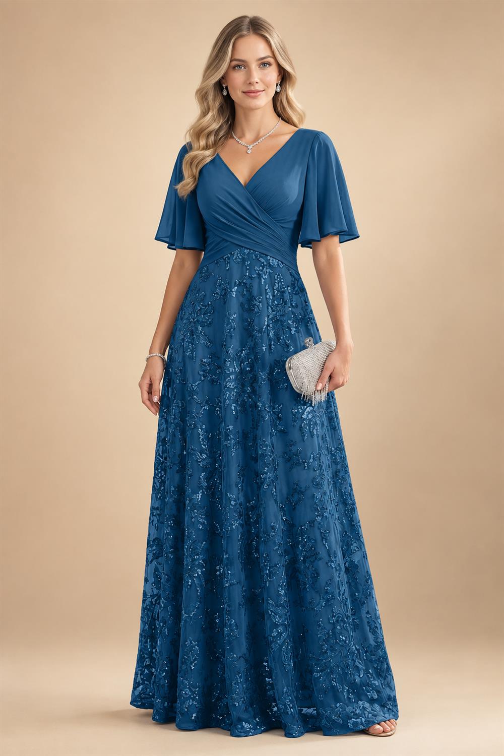A Line V Neck Short Sleeve Chiffon Ruched Mother of the Bride Dresses with Sequin Embroidery (SHI22500231)