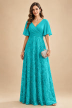 A Line V Neck Short Sleeve Chiffon Ruched Mother of the Bride Dresses with Sequin Embroidery (SHI22500231)