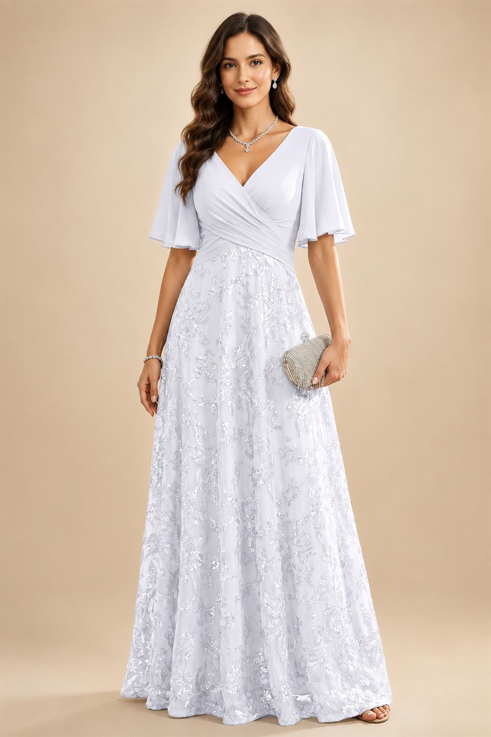 A Line V Neck Short Sleeve Chiffon Ruched Mother of the Bride Dresses with Sequin Embroidery (SHI22500231)
