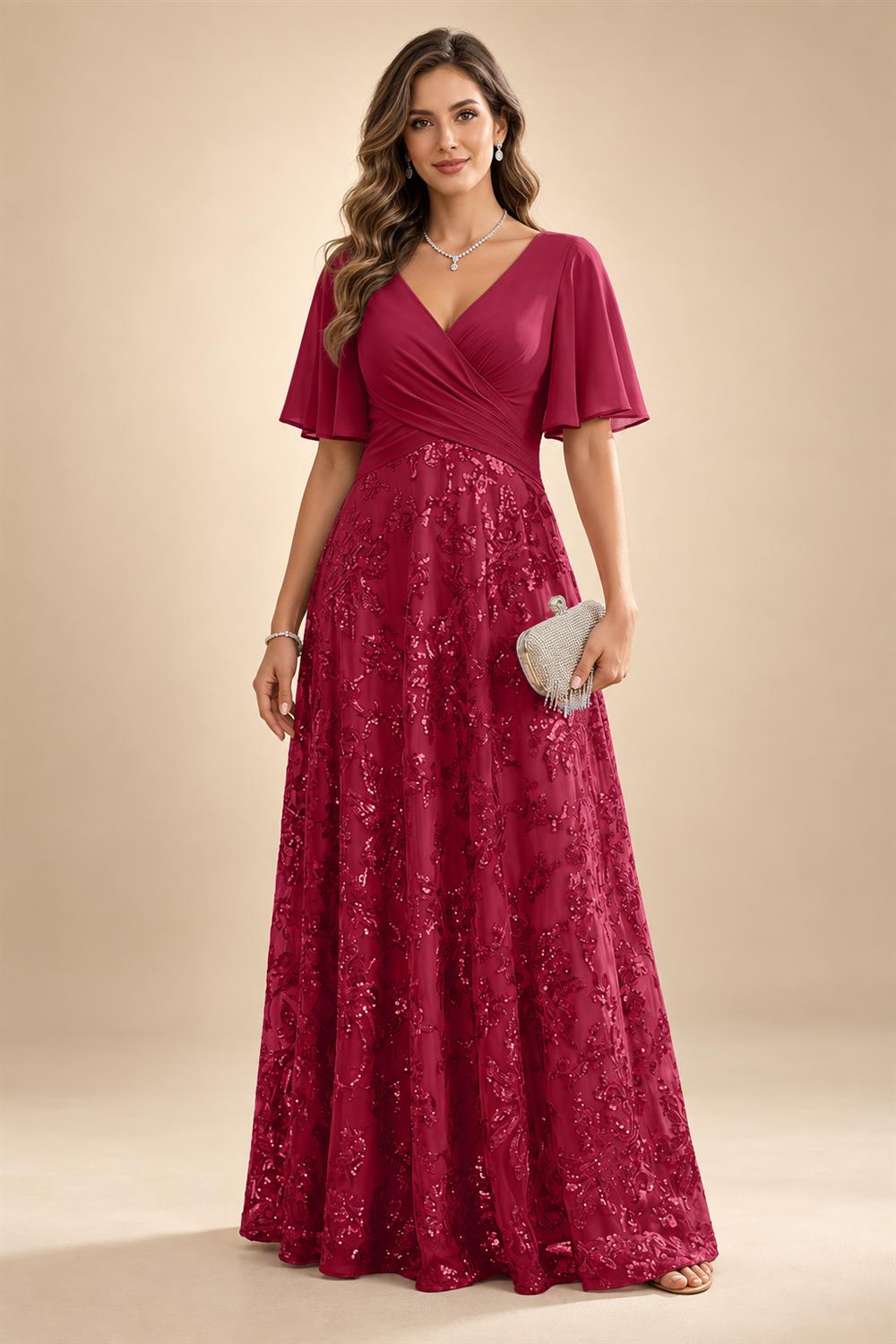 A Line V Neck Short Sleeve Chiffon Ruched Mother of the Bride Dresses with Sequin Embroidery (SHI22500231)