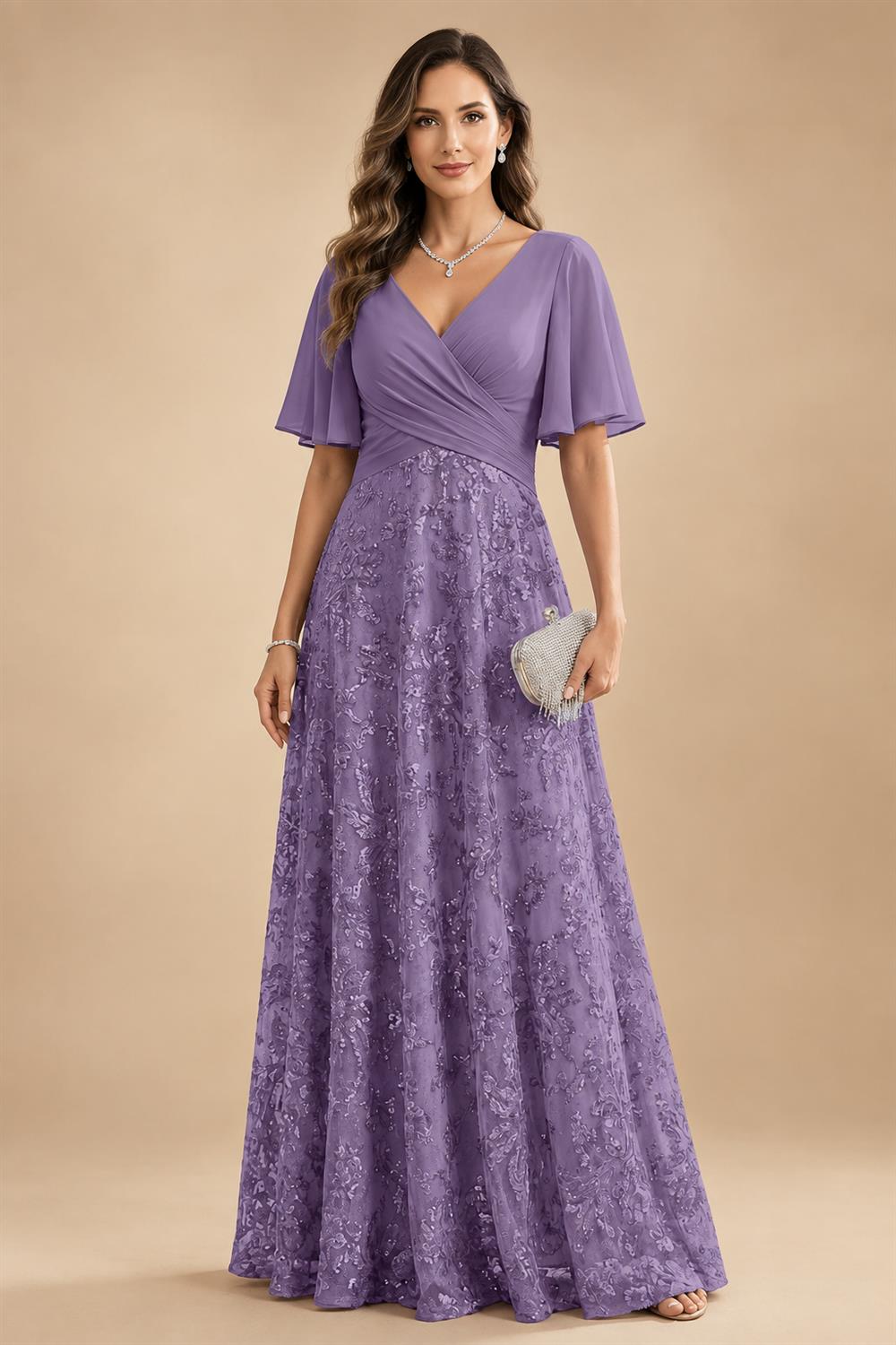 A Line V Neck Short Sleeve Chiffon Ruched Mother of the Bride Dresses with Sequin Embroidery (SHI22500231)