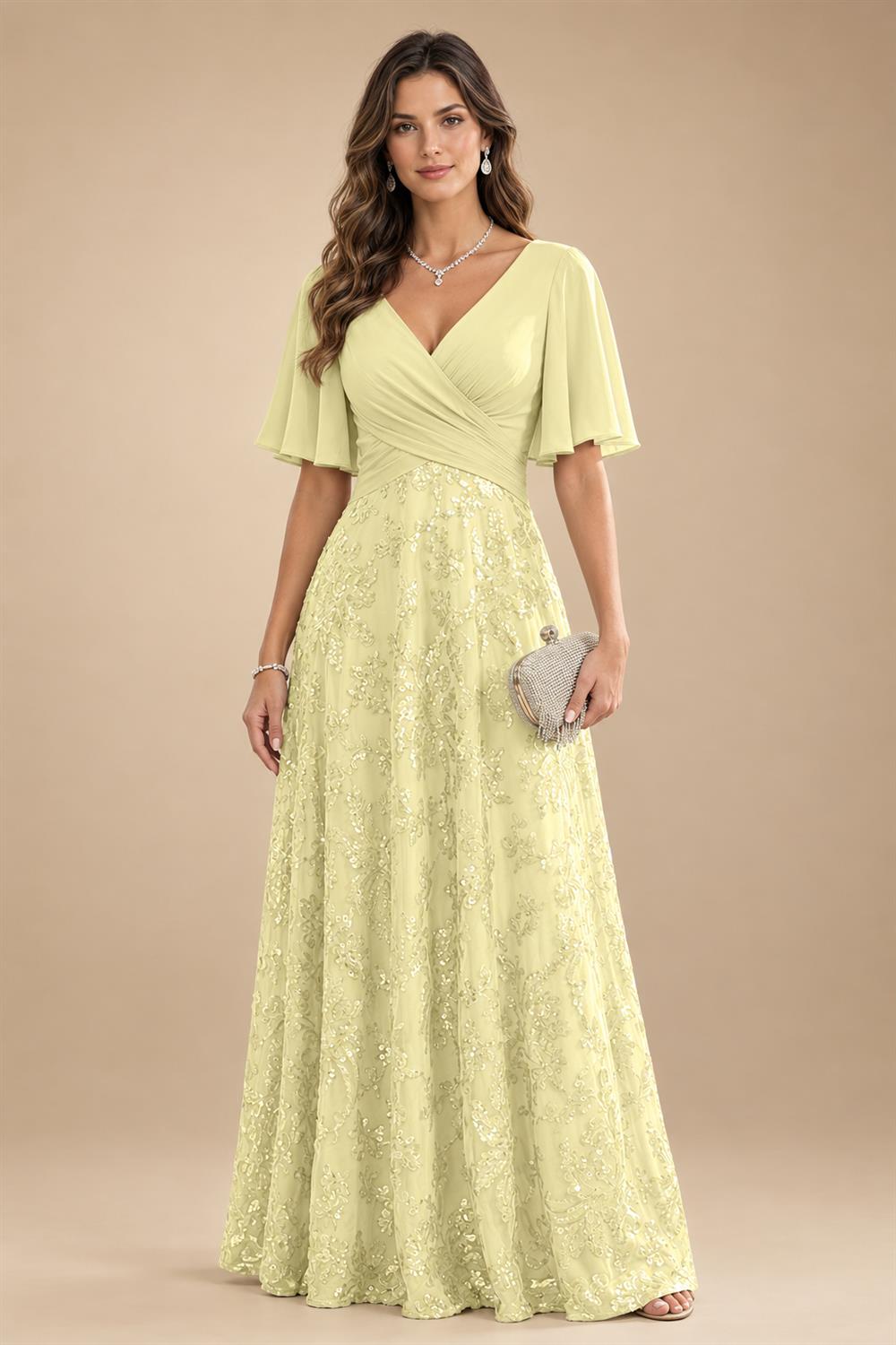 A Line V Neck Short Sleeve Chiffon Ruched Mother of the Bride Dresses with Sequin Embroidery (SHI22500231)