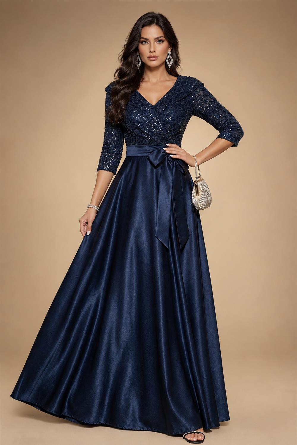 Sequin Floral A-Line/Princess V-Neck Floor-Length Mother of the Bride & Groom Dresses with 3D Flowers & Pleats (SHI22501350)