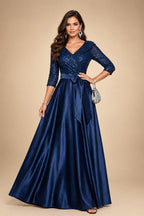 Sequin Floral A-Line/Princess V-Neck Floor-Length Mother of the Bride & Groom Dresses with 3D Flowers & Pleats (SHI22501350)