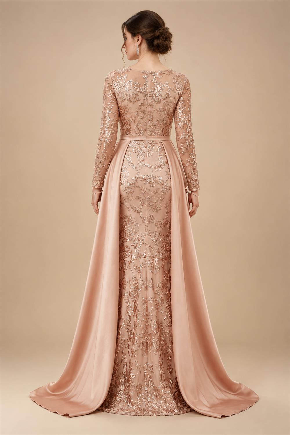 Mermaid Scoop Long Sleeve Floor Length Mother of the Bride Dresses with Peplum & Appliques (SHI22500269)