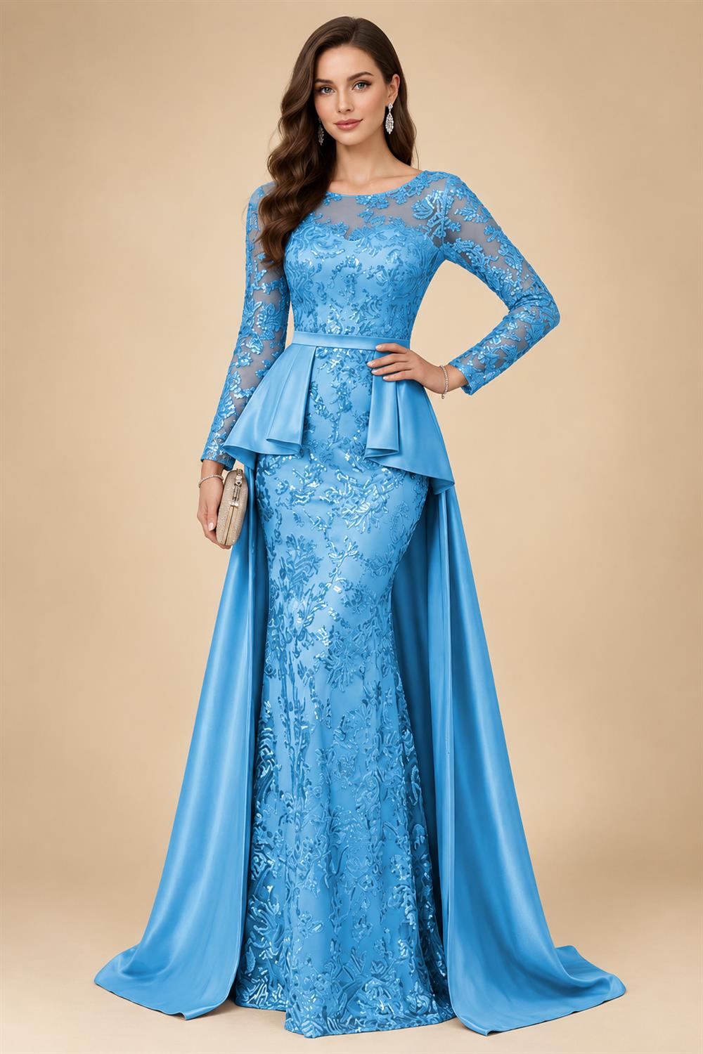 Mermaid Scoop Long Sleeve Floor Length Mother of the Bride Dresses with Peplum & Appliques (SHI22500269)