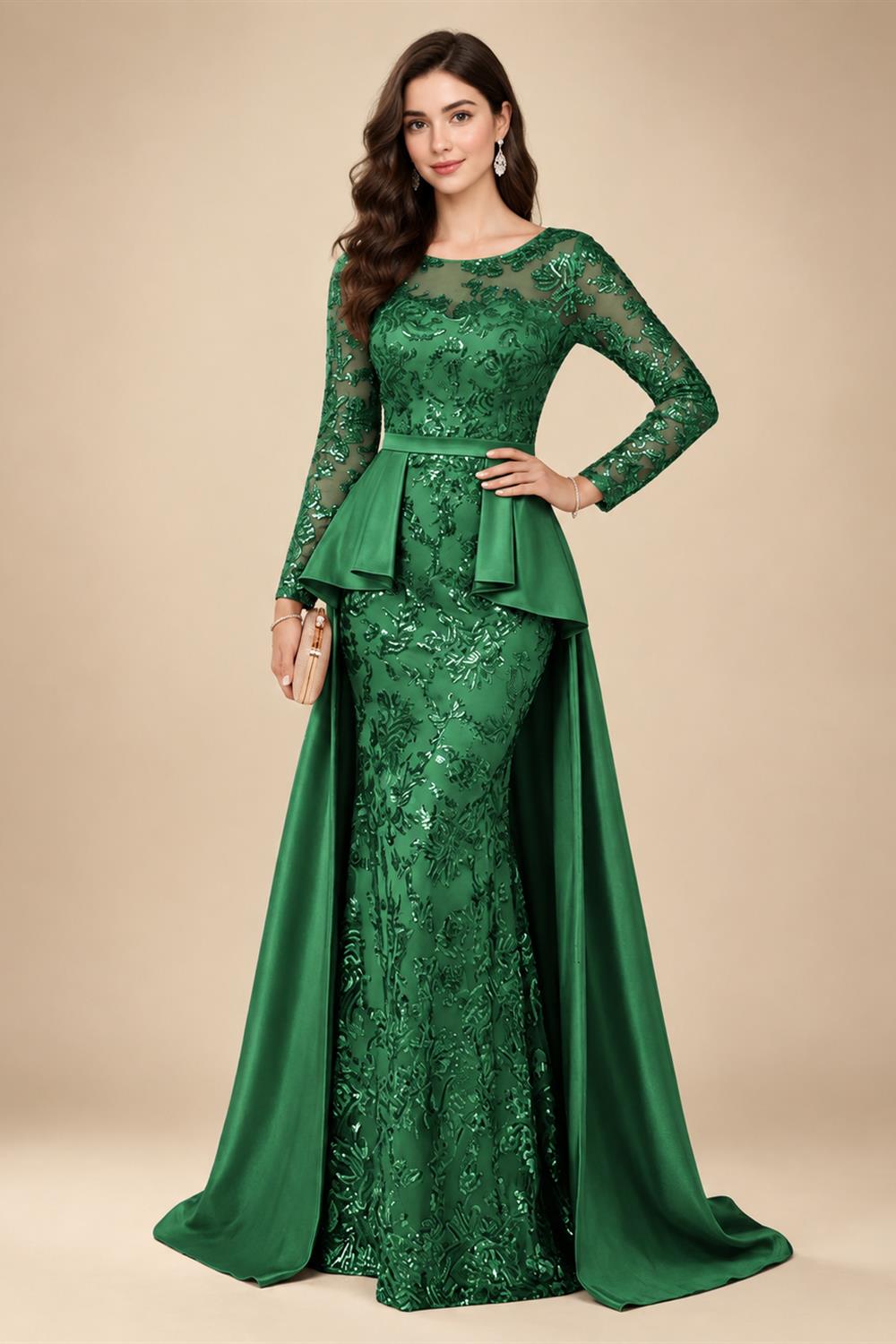 Mermaid Scoop Long Sleeve Floor Length Mother of the Bride Dresses with Peplum & Appliques (SHI22500269)