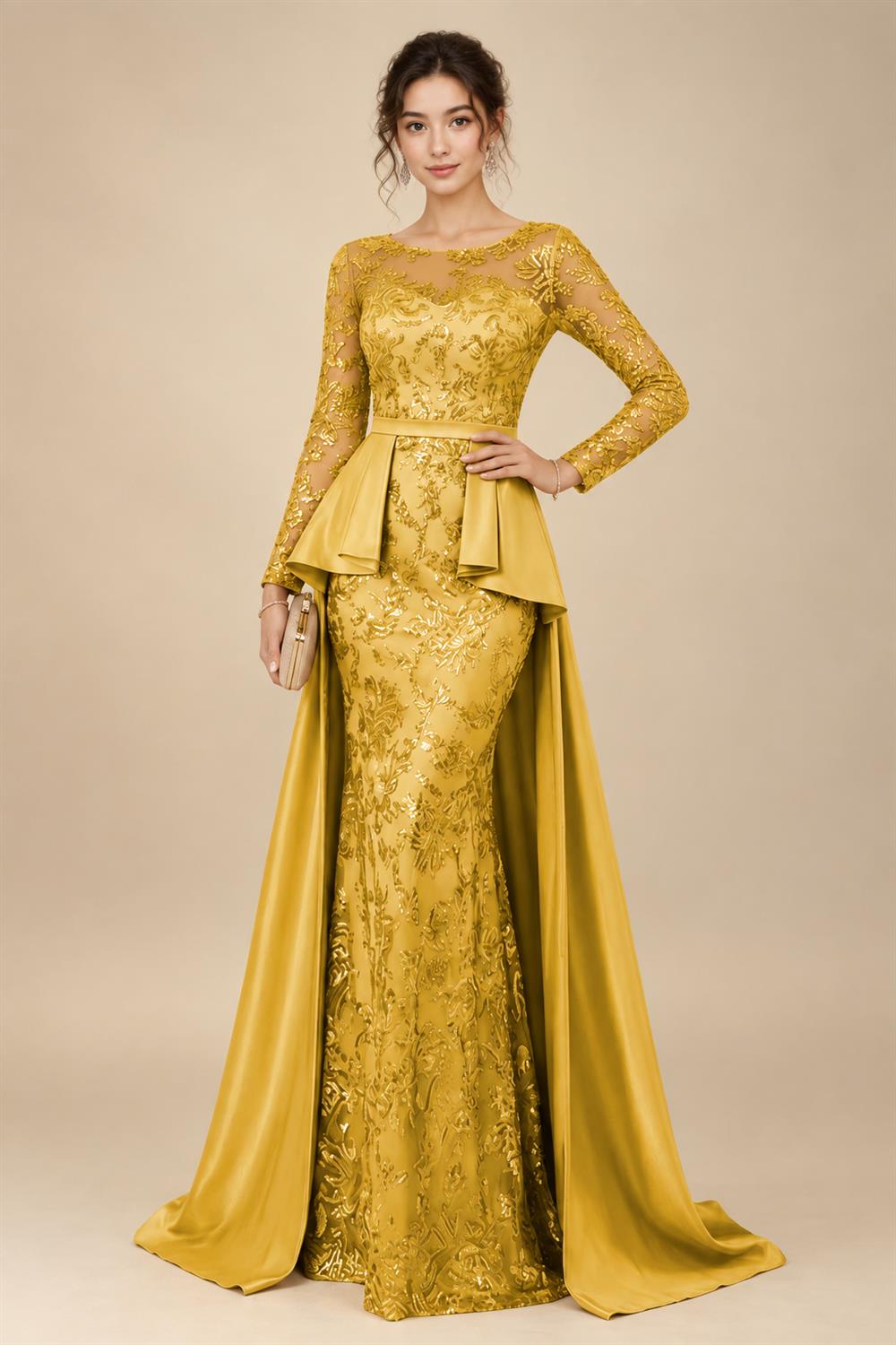 Mermaid Scoop Long Sleeve Floor Length Mother of the Bride Dresses with Peplum & Appliques (SHI22500269)