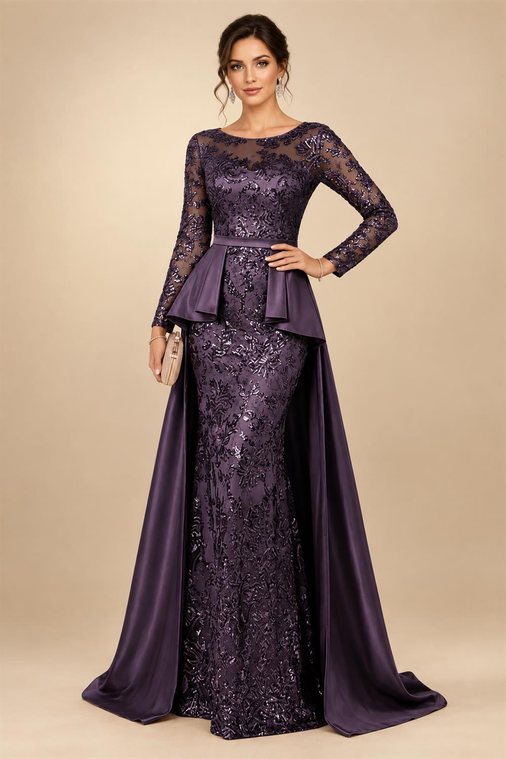 Mermaid Scoop Long Sleeve Floor Length Mother of the Bride Dresses with Peplum & Appliques (SHI22500269)