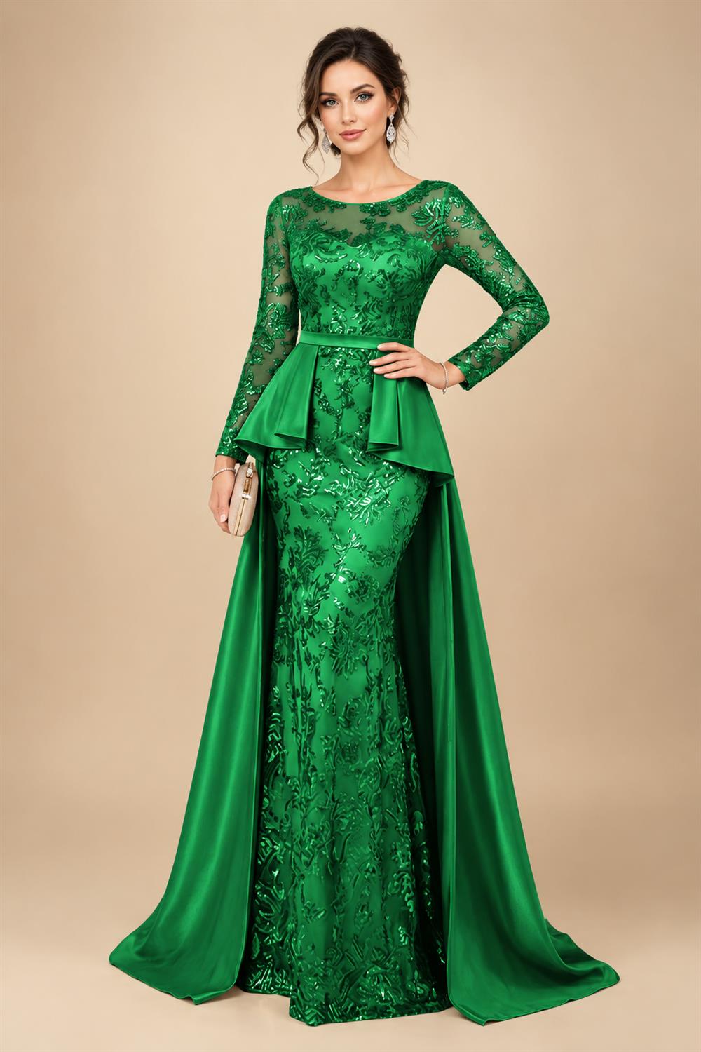 Mermaid Scoop Long Sleeve Floor Length Mother of the Bride Dresses with Peplum & Appliques (SHI22500269)