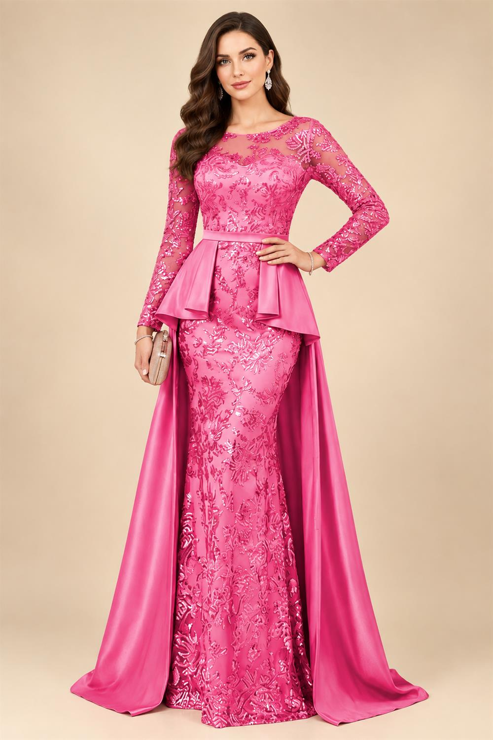 Mermaid Scoop Long Sleeve Floor Length Mother of the Bride Dresses with Peplum & Appliques (SHI22500269)