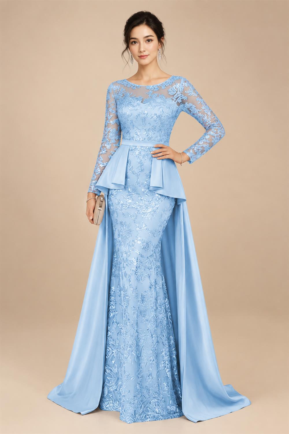 Mermaid Scoop Long Sleeve Floor Length Mother of the Bride Dresses with Peplum & Appliques (SHI22500269)