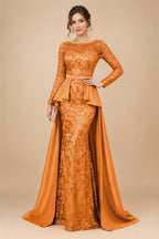 Mermaid Scoop Long Sleeve Floor Length Mother of the Bride Dresses with Peplum & Appliques (SHI22500269)