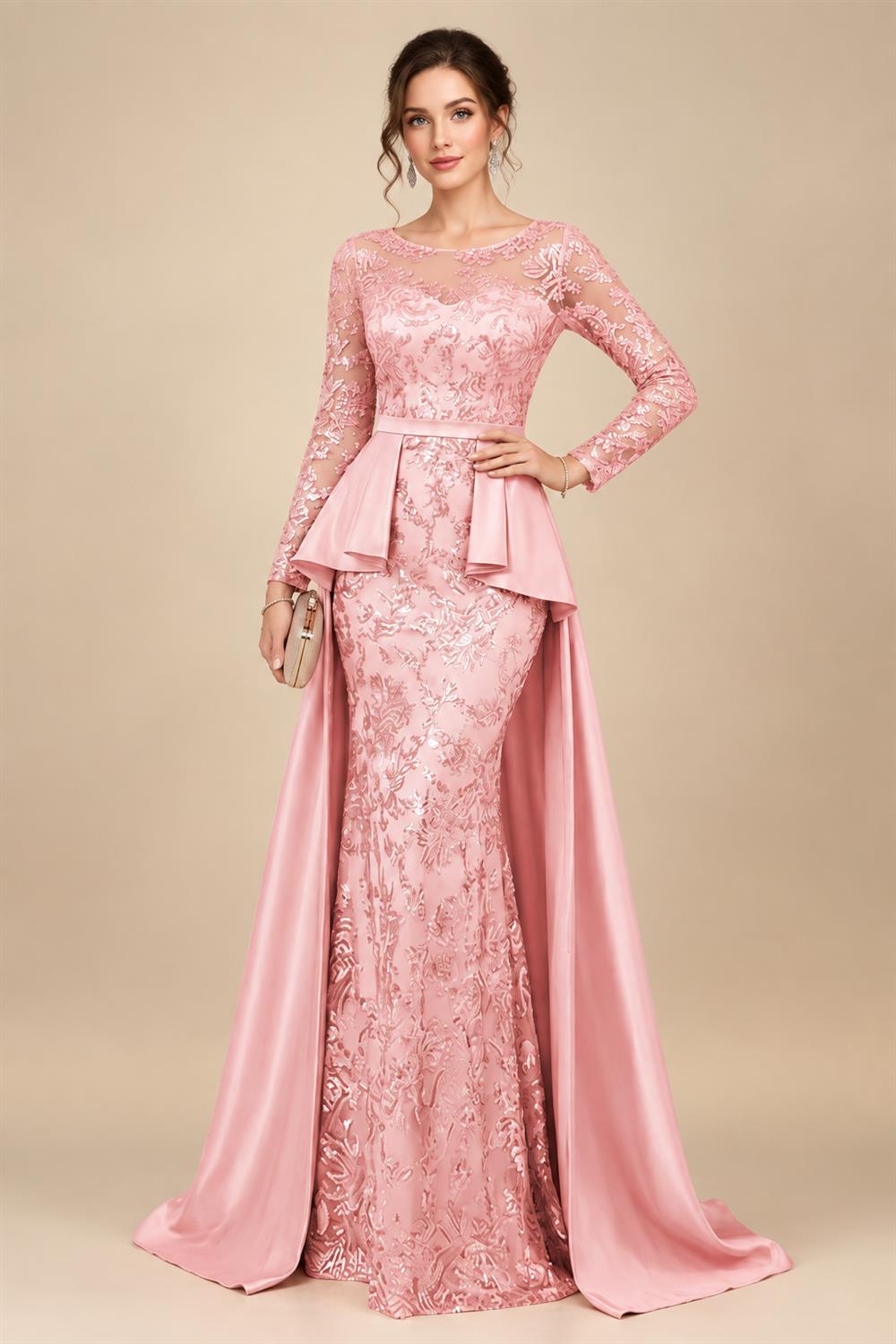 Mermaid Scoop Long Sleeve Floor Length Mother of the Bride Dresses with Peplum & Appliques (SHI22500269)