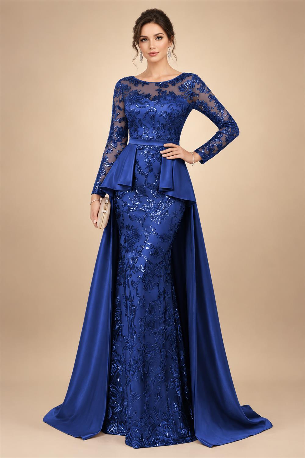 Mermaid Scoop Long Sleeve Floor Length Mother of the Bride Dresses with Peplum & Appliques (SHI22500269)