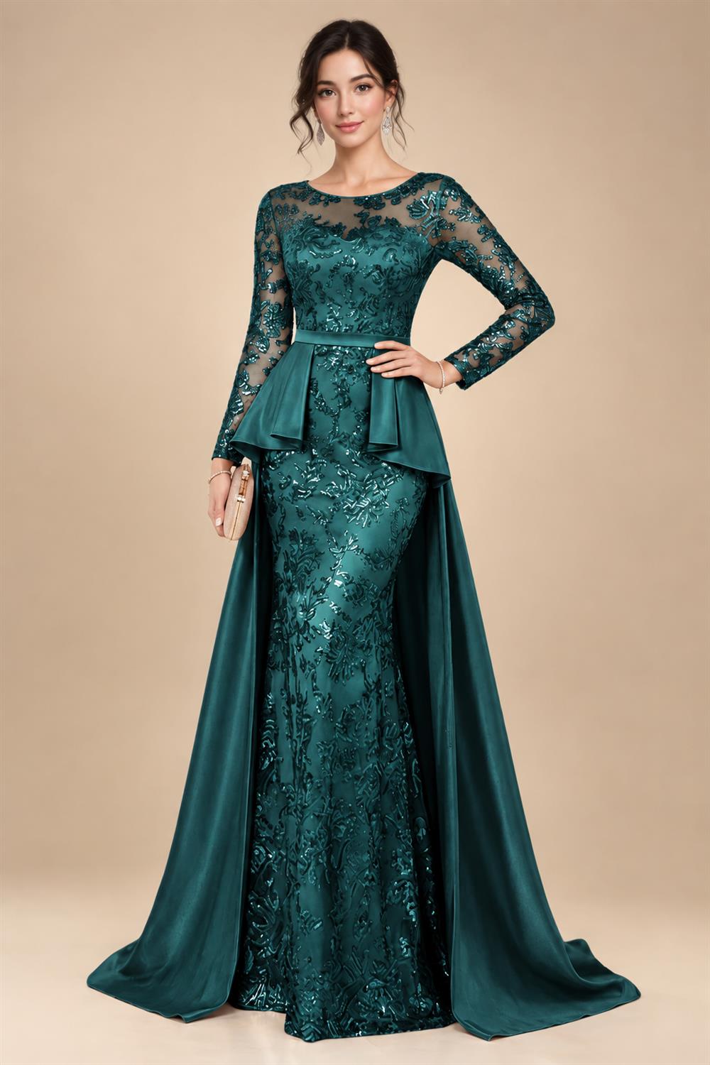 Mermaid Scoop Long Sleeve Floor Length Mother of the Bride Dresses with Peplum & Appliques (SHI22500269)