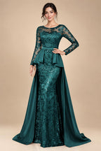 Mermaid Scoop Long Sleeve Floor Length Mother of the Bride Dresses with Peplum & Appliques (SHI22500269)